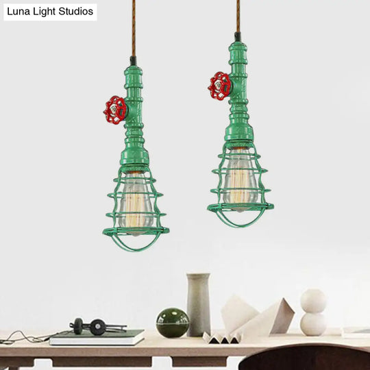 Farmhouse Style Metal Wire Cage Pendant Light With Valve Design - Black/Red Finish Indoor Hanging