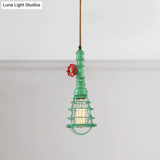 Farmhouse Style Metal Wire Cage Pendant Light With Valve Design - Black/Red Finish Indoor Hanging