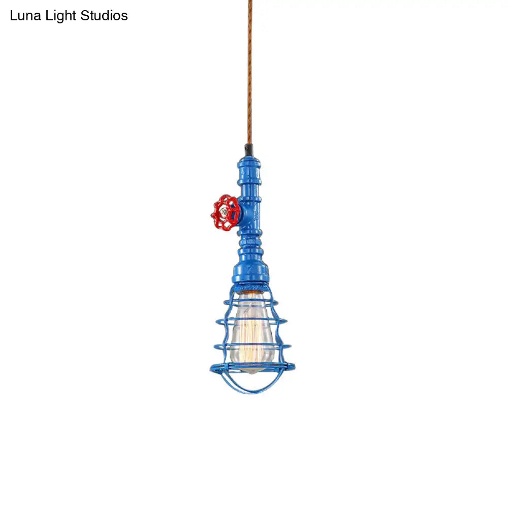 Farmhouse Style Metal Wire Cage Pendant Light With Valve Design In Black/Red Finish - Indoor