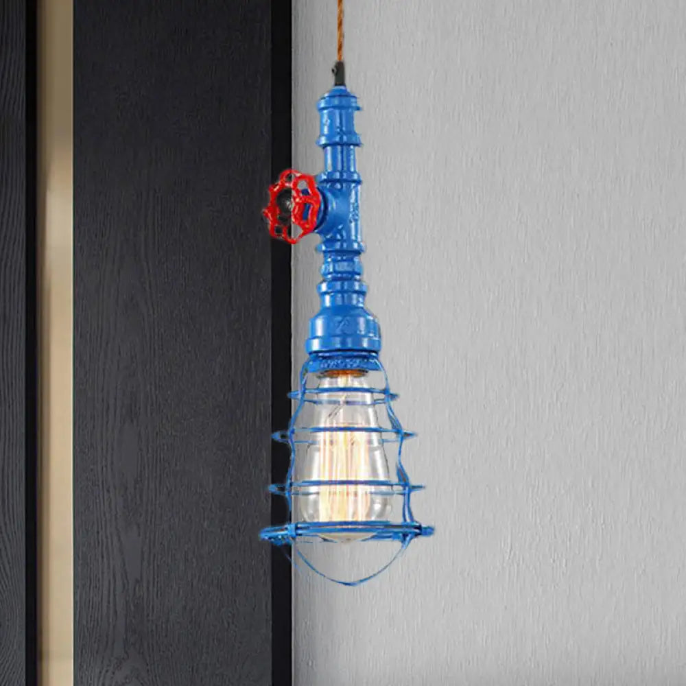 Farmhouse Style Metal Wire Cage Pendant Light With Valve Design In Black/Red Finish - Indoor