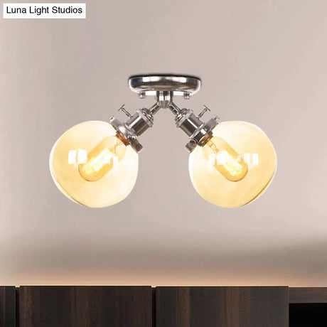 Farmhouse Style Semi Flush Ceiling Lamp - Metal And Glass With Dual Heads In Black/Bronze