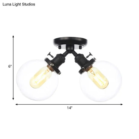 Farmhouse Style Semi Flush Ceiling Lamp - Metal And Glass With Dual Heads In Black/Bronze