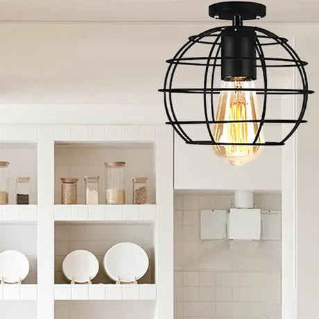 Farmhouse Style Semi Flush Mount Ceiling Light - Global/Barrel Iron With Wire Guard 1 Black Finish