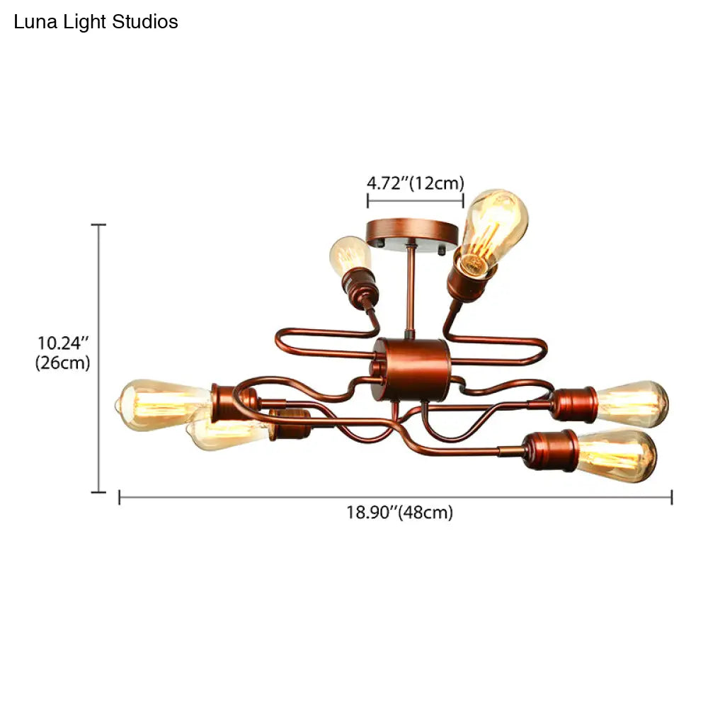 Farmhouse Style Twisted Arm Iron Ceiling Light With 6 Lights Copper Finish - Semi Flush Mount For