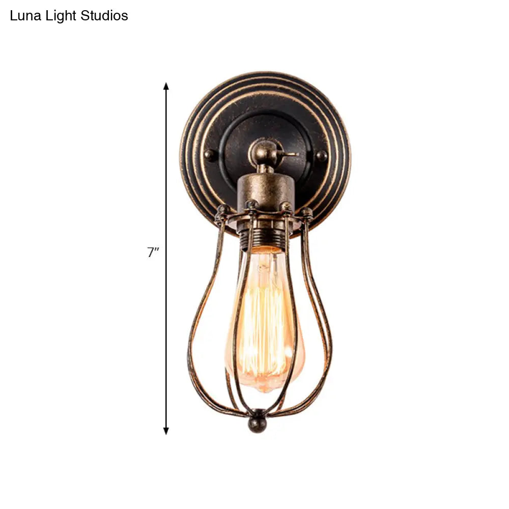 Farmhouse Style Wall Lamp Iron Head With Dark Rust Wire Guard - Coffee Shop Mini Sconce Light