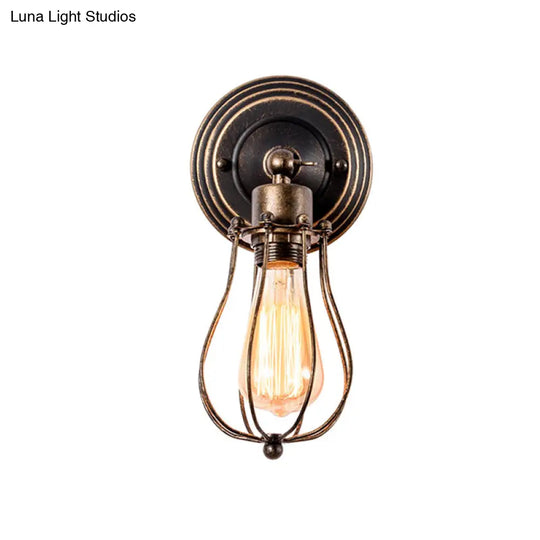 Farmhouse Style Wall Lamp Iron Head With Dark Rust Wire Guard - Coffee Shop Mini Sconce Light