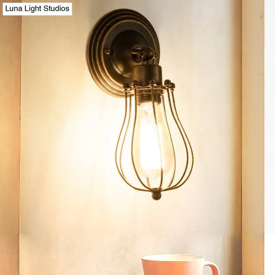 Farmhouse Style Wall Lamp Iron Head With Dark Rust Wire Guard - Coffee Shop Mini Sconce Light