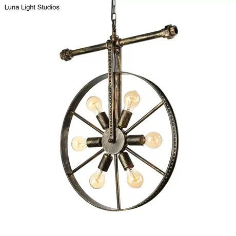 Farmhouse Style Wrought Iron Pendant Light Fixture 6 Light Round with Wheel Design | Bronze Ceiling Décor 6 / Bronze
