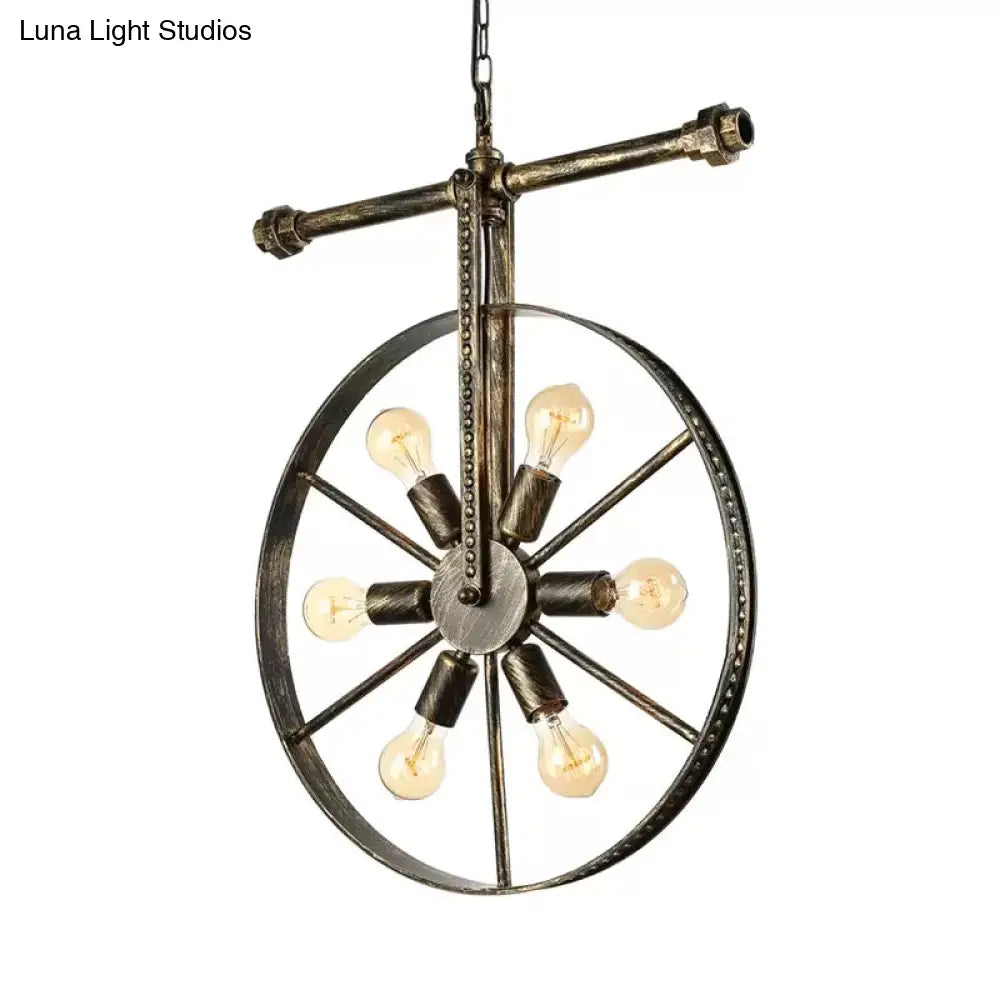 Farmhouse Style Wrought Iron Pendant Light Fixture 6 Light Round with Wheel Design | Bronze Ceiling Décor 6 / Bronze