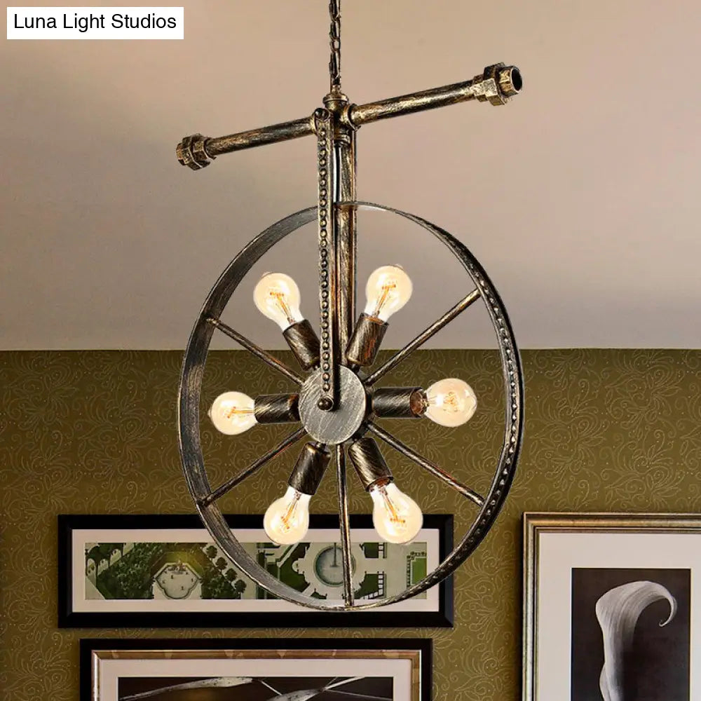 Farmhouse Style Wrought Iron Pendant Light Fixture 6 Light Round with Wheel Design | Bronze Ceiling Décor 6 / Bronze