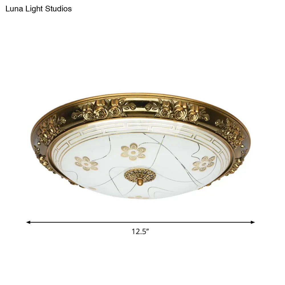 Farmhouse Textured Glass Bowl Flushmount - Led Bedroom Flush Mount Lighting In Gold With Warm/White
