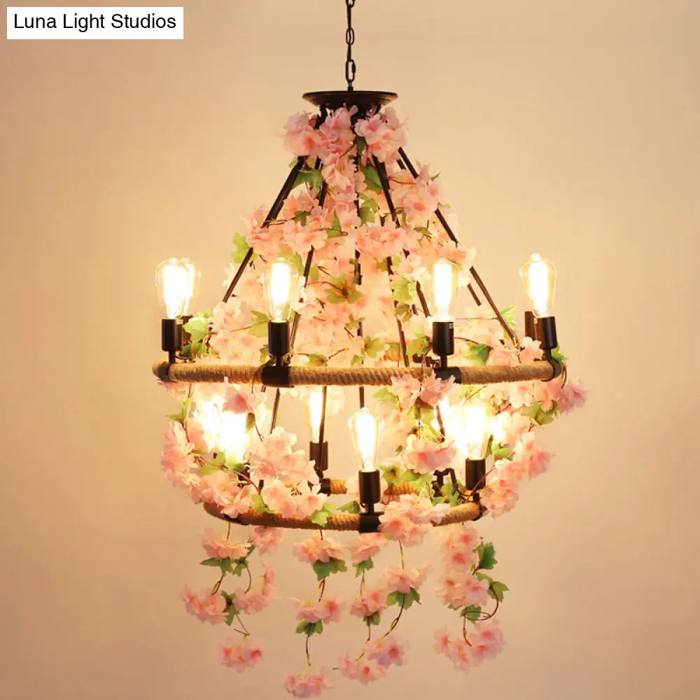 Farmhouse Wagon Wheel Chandelier With Plant Decor For Dining Room