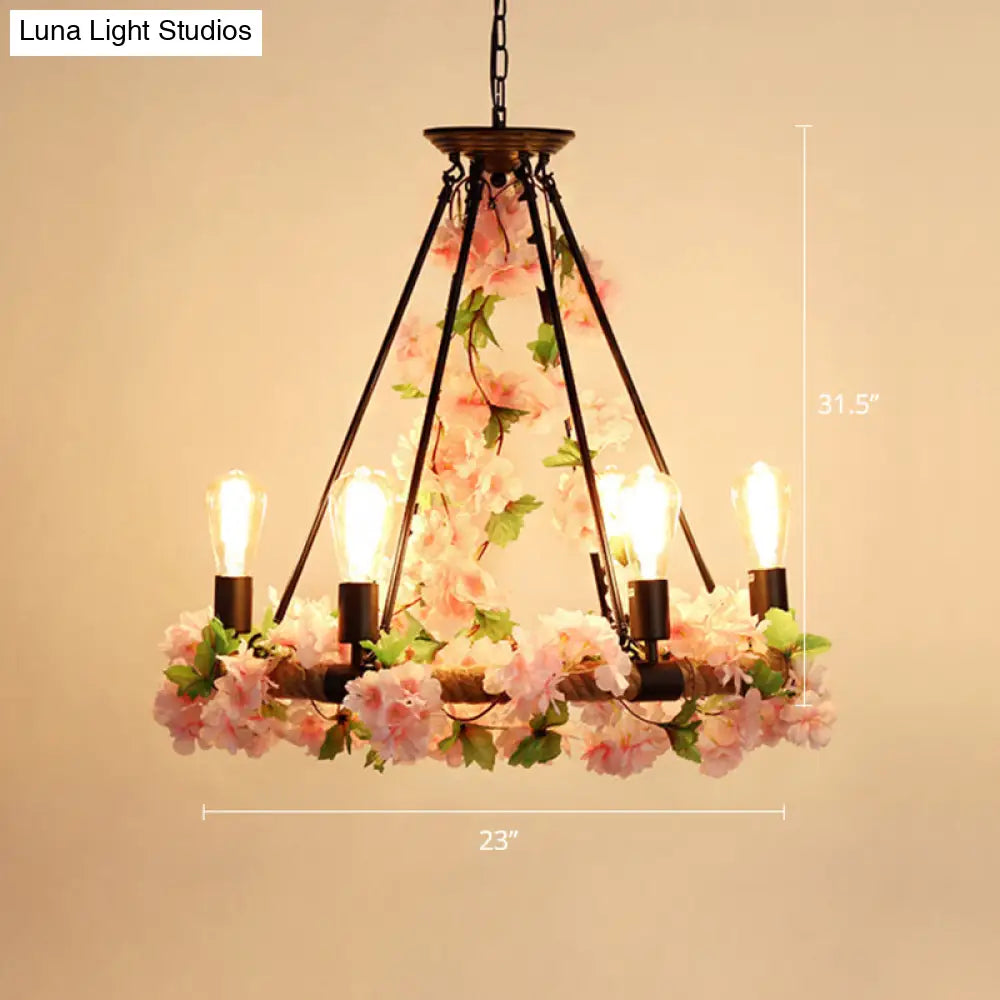 Wagon Wheel Farmhouse Metal Chandelier With Plant Accents - Dining Room Hanging Light 6 / Pink