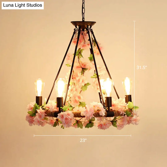 Wagon Wheel Farmhouse Metal Chandelier With Plant Accents - Dining Room Hanging Light 6 / Pink