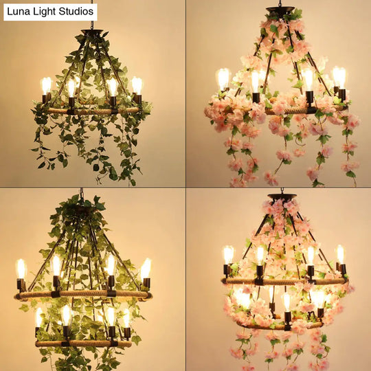 Farmhouse Wagon Wheel Chandelier With Plant Decor For Dining Room