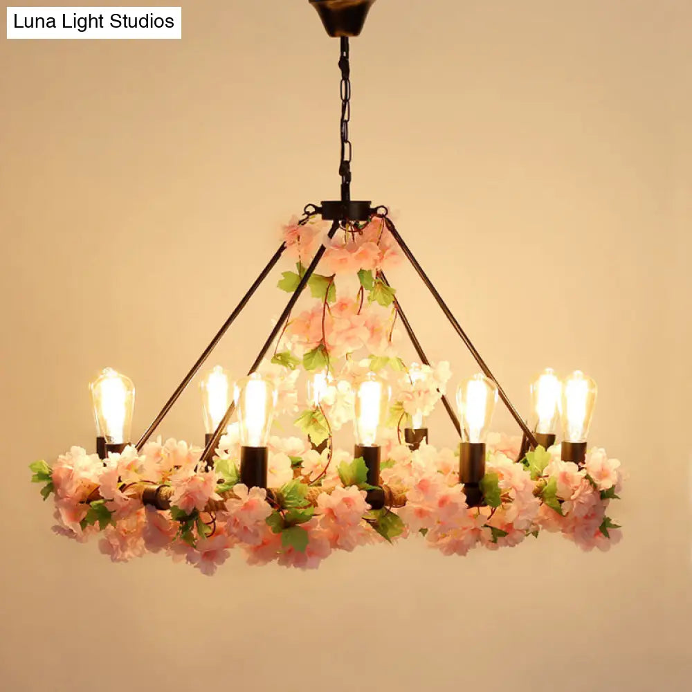 Wagon Wheel Farmhouse Metal Chandelier With Plant Accents - Dining Room Hanging Light