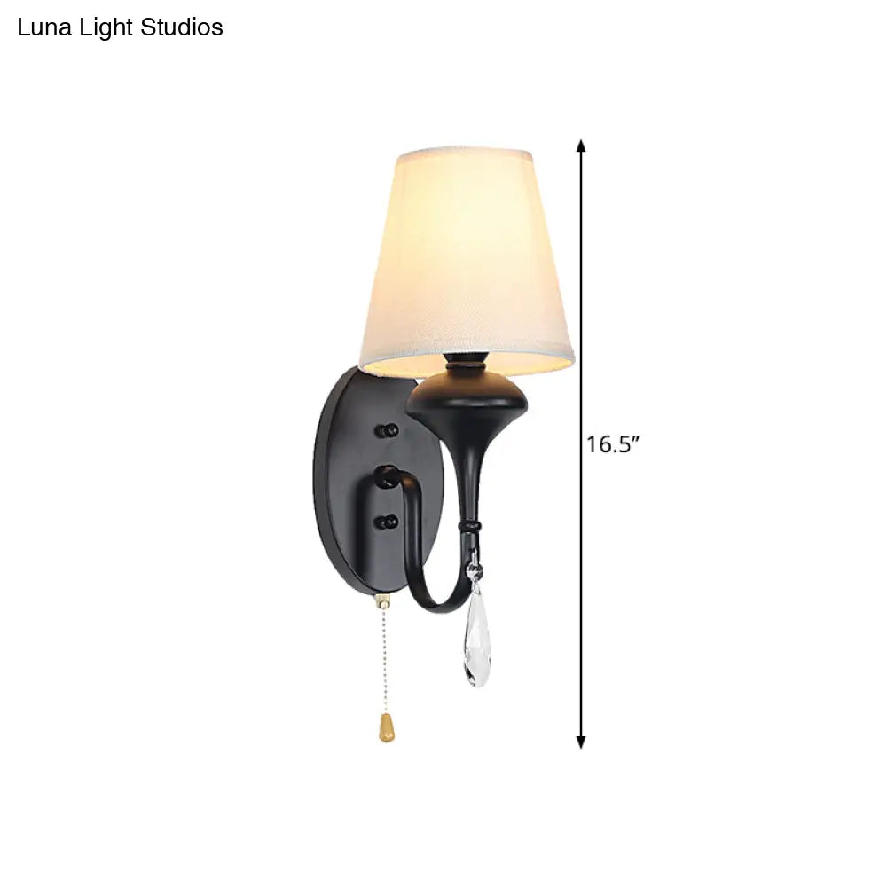 Farmhouse Wall Mount Light With Crystal Drop And Pull Chain - Black Finish