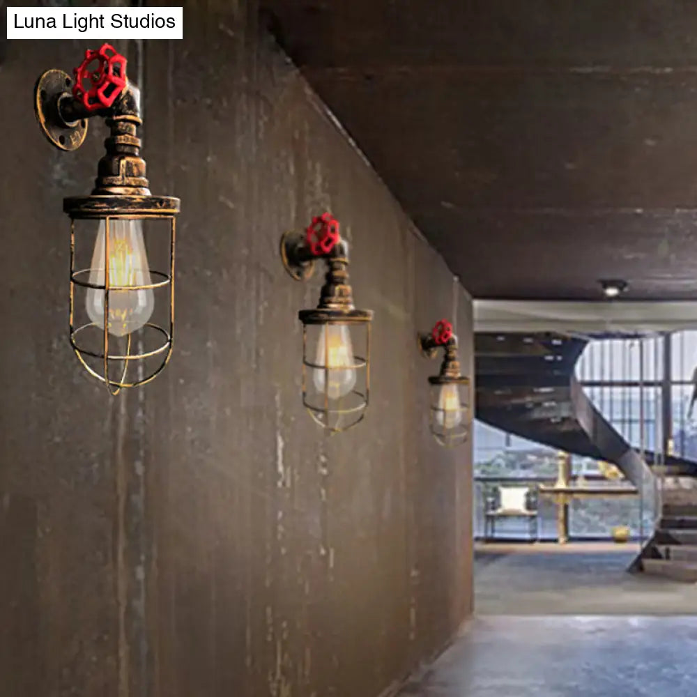 Farmhouse Wire Frame Corridor Wall Sconce With Red Valve Design In Antique Brass/Black