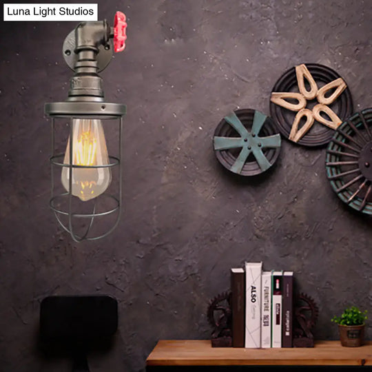 Farmhouse Wire Frame Corridor Wall Sconce With Red Valve Design In Antique Brass/Black