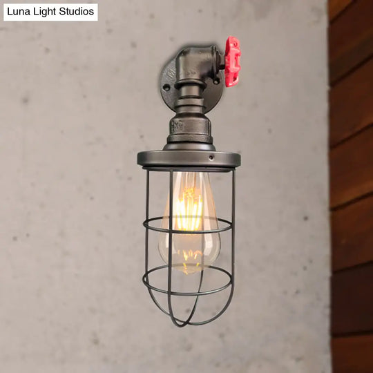Farmhouse Wire Frame Corridor Wall Sconce With Red Valve Design In Antique Brass/Black