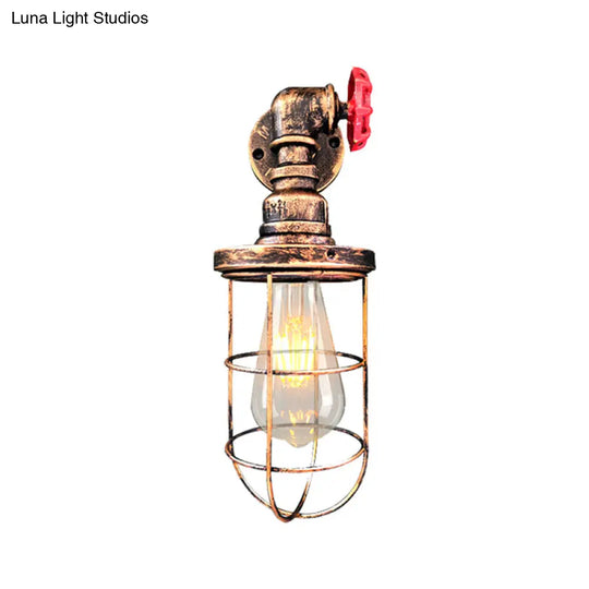 Farmhouse Wire Frame Corridor Wall Sconce With Red Valve Design In Antique Brass/Black