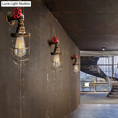 Farmhouse Wire Frame Corridor Wall Sconce With Red Valve Design In Antique Brass/Black