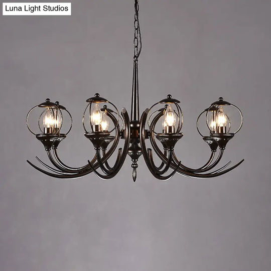 Farmhouse Wire Guard Chandelier With Curved Arm 8-Light Iron Hanging Fixture (Black)