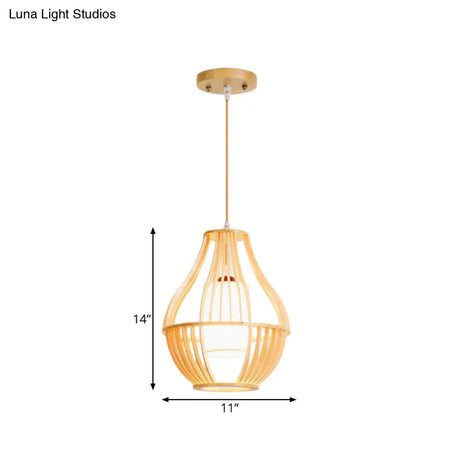 Farmhouse Wood Basket Pendant Light - Beige Ceiling Fixture With Fabric Lamp Shade