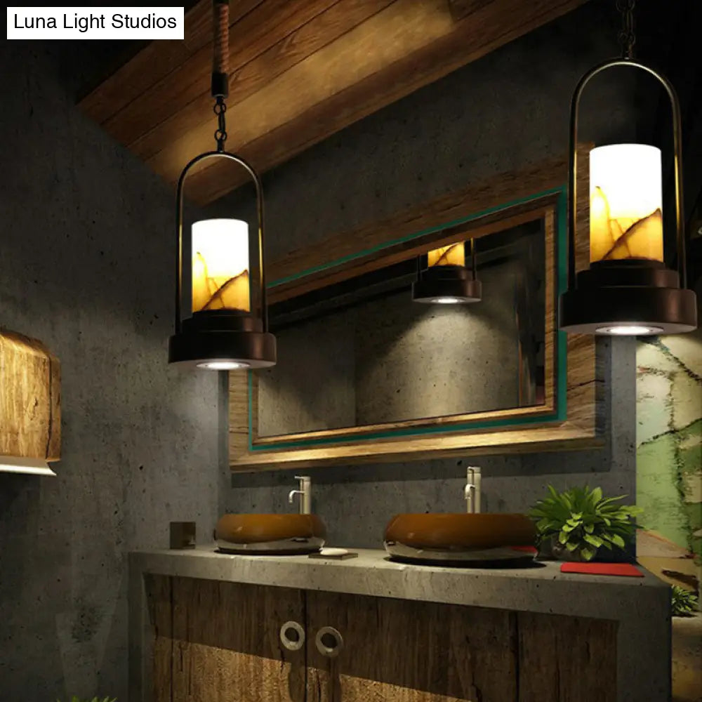 Faux Candle Wine Bar Pendant Lamp - Rural Marble 1-Light Black Hanging Light With Arched Frame &