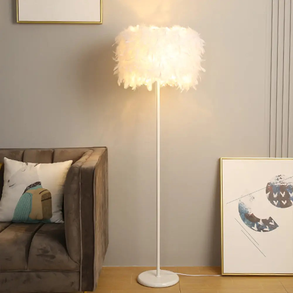 Feather Drum Floor Reading Light - Simple And Modern 1-Light White Gooseneck Lamp With Optional