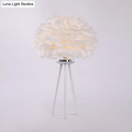 Feather Table Light In White: Modernist Fabric Lamp For Bedside With Tripod Base