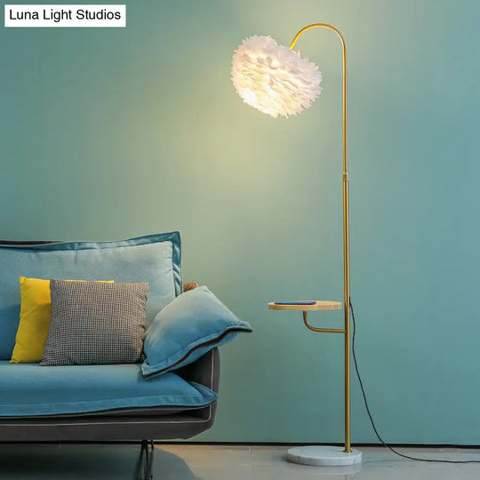 Feathered Minimalist Living Room Floor Lamp With Tray - Single-Bulb Standing Lighting