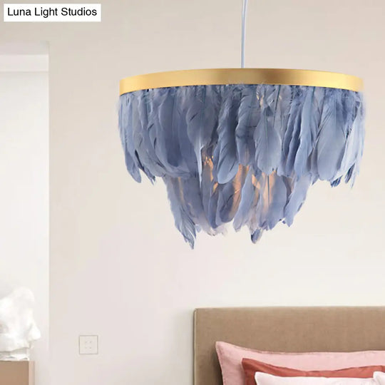 Feathered Pendant Light Kit - Postmodern Layered 1 Head White/Blue Dining Room Drop