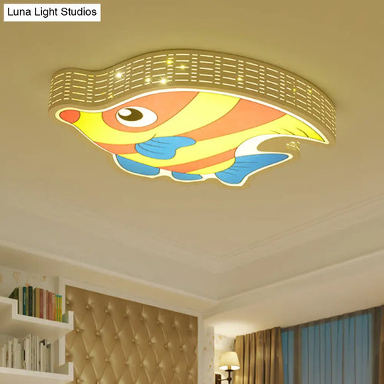 Fishy Fun: Led Kids Bedroom Flush Mount Lamp With Cartoon Yellow Acrylic Shade