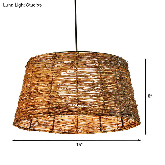 Flare Pendant Light - Asian Rattan 1-Head Brown Ceiling Lamp With Milk Glass Shade