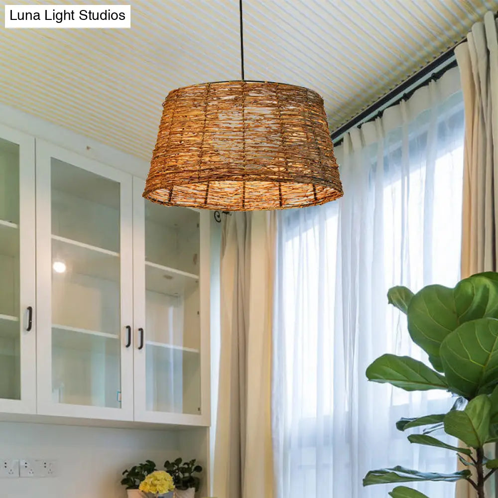 Flare Pendant Light - Asian Rattan 1-Head Brown Ceiling Lamp With Milk Glass Shade