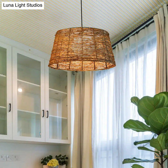 Flare Pendant Light - Asian Rattan 1-Head Brown Ceiling Lamp With Milk Glass Shade