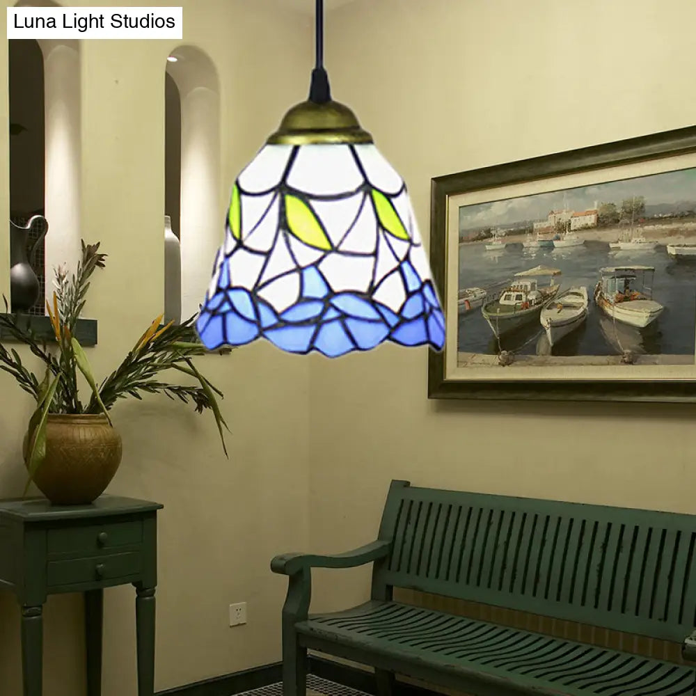 Handcrafted Pink/Blue Art Glass Flared Hanging Lamp - Baroque Style Suspension Light Fixture Blue