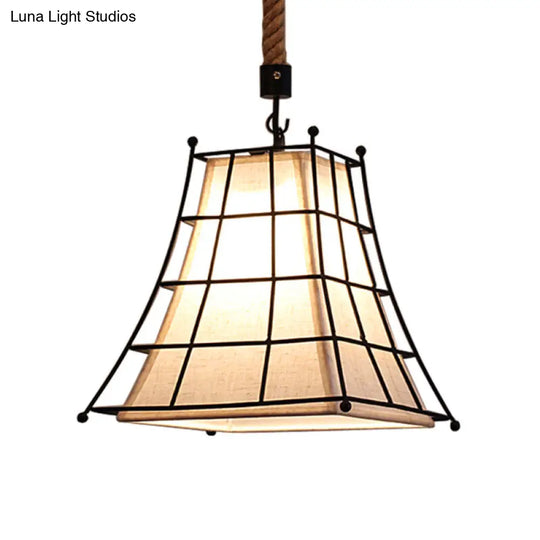 Rustic Black Wire Frame Hanging Lamp With Fabric Shade - 1 Light Suspension