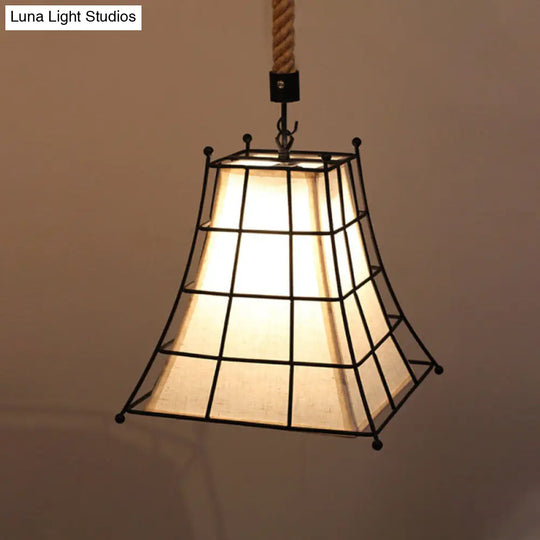 Rustic Black Wire Frame Hanging Lamp With Fabric Shade - 1 Light Suspension