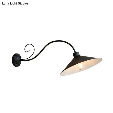 Flared Outdoor Wall Light - Antiqued 1-Light Metal Sconce Lamp With Curved Arm Black/Black & White