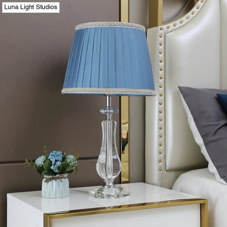 Flared/Pleated Shade Table Light: Traditional Beige/Burgundy/Sky Blue Fabric Nightstand Lamp With