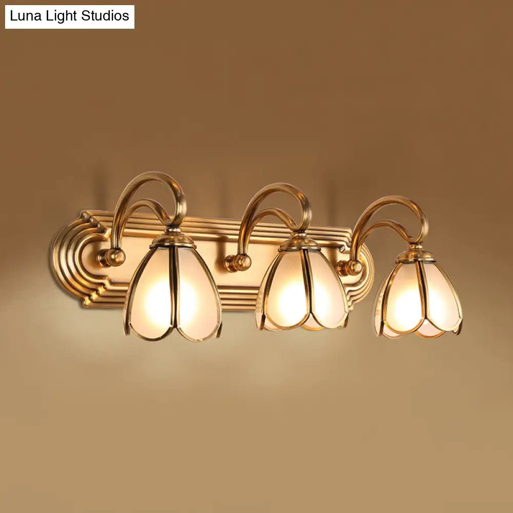 Floral Bathroom Vanity Light Fixture With Frosted White Glass And Gold Accents