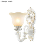 Floral Cream Glass Wall Sconce - White Cottage Light Single/Double Head Elegant Swooping Arm