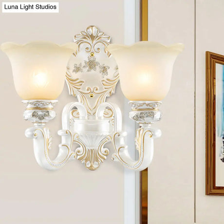 Floral Cream Glass Wall Sconce - White Cottage Light Single/Double Head Elegant Swooping Arm