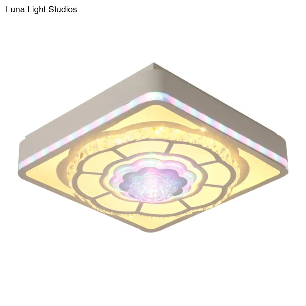 Floral Design Square Bedroom Ceiling Lamp: Crystal White Flush Mount Light Fixture With Nordic