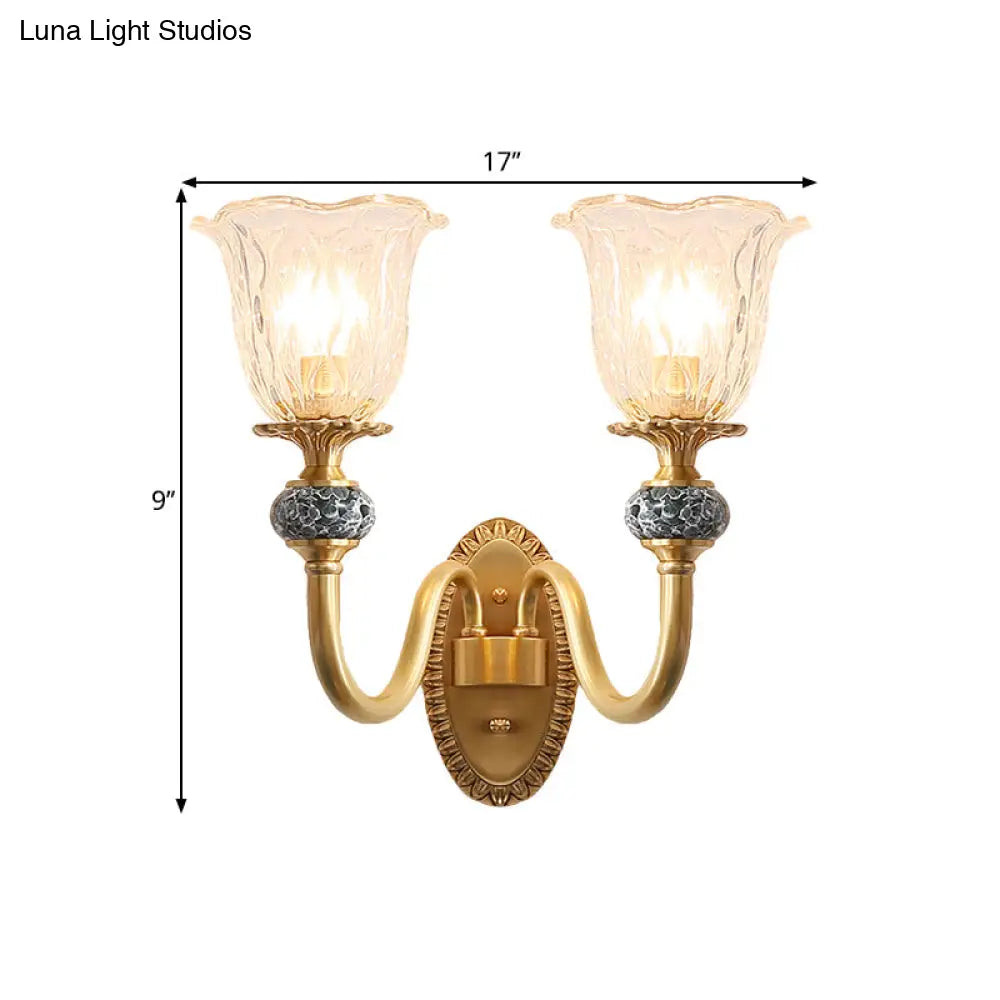 Floral Farmhouse Dining Room Wall Sconce - Clear Ribbed Glass 6/17 W 2 Lights Brass Finish
