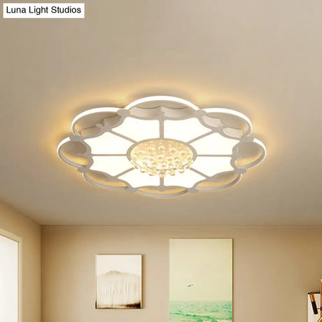 Floral Led Ceiling Lamp: White Acrylic Modern Flush Mount With Crystal Orbs - Ideal For Living Rooms