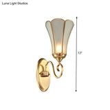 Floral Living Room Wall Lamp - Traditional Metal Design With Brass Finish & White Bevel Glass Shade