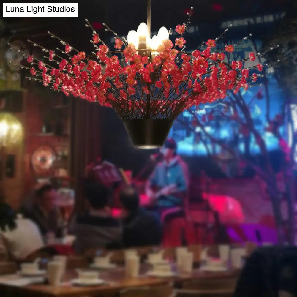 Floral Metal Chandelier Pendant Light - Antique 4-Light Led Suspension Lamp In Pink 31.5 Or 39 Width
